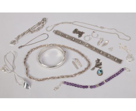 A quantity of assorted silver jewellery etc. Including amethyst bracelet, gate bracelet, pendants on chains and earrings. 