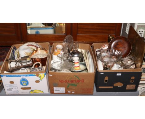 Three boxes of miscellaneous to include brass table lamp bases, bone china tea wares, steins etc. 