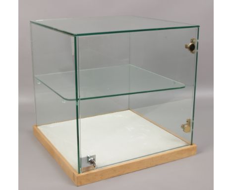 A lockable cube formed display case with shelf and key, raised on a wooden plinth 42cm x 42cm. 