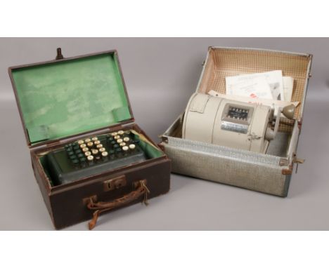 A vintage cased adding machine, makers London Computator Limited. Along with a vintage Pitney Bowes postage meter. 