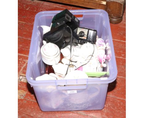 A box of miscellaneous to include Polaroid camera with flash, Kodak Brownie 127, Coalport miniature figures, teawares etc. 