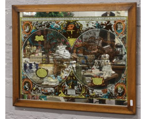 A vintage wall mirror decorated with a map of the world and inscribed, Nova Totius terrarum, Orbis, Geographica, AC Hydrograp