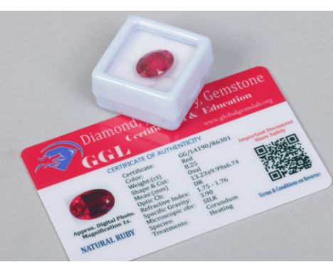 A cased ruby, oval cut, with heat treatment, 8.25ct, with certificate. 