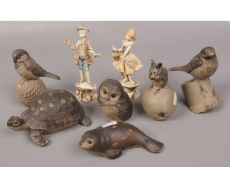 Six Poole pottery animals to include Turtle, Owl, Seal etc along with composite Italian figurines. 