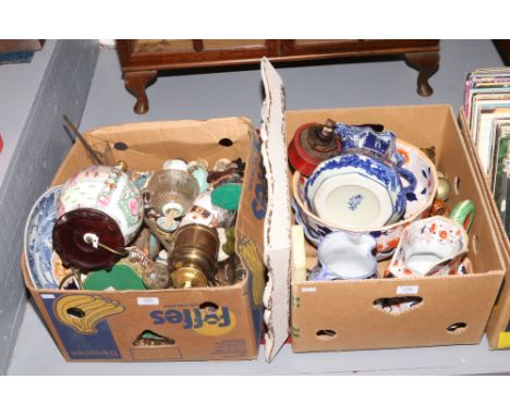 Two boxes of miscellaneous to include wash jug and bowl, table lamp, Lilliput Lane, oil lamps etc. 