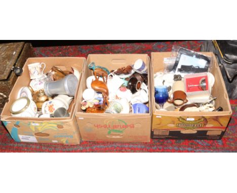 Three boxes of miscellaneous to include Poole, Aynsley, Metalwares etc. 