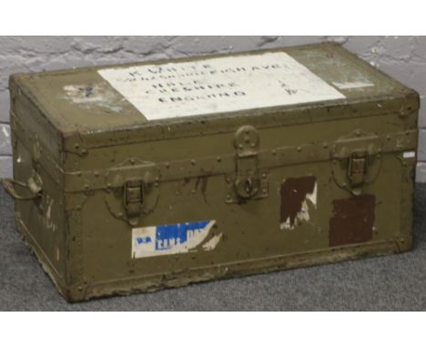 A metal bound wooden trunk, label inside for M S Willem Ruys. 