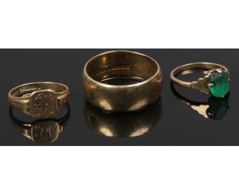 A 9ct gold wedding band size U, signet ring size K and a gem set ring 11.13 grams gross weight. 