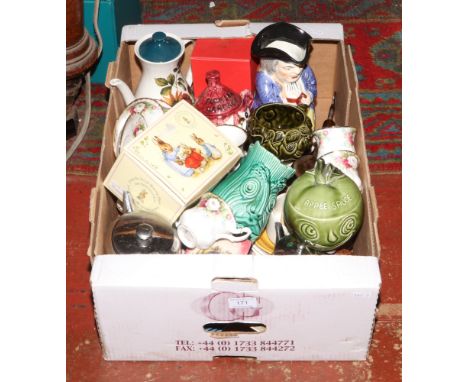A box of miscellaneous to include Royal Albert celebration bone china, novelty storage pots, magic marmalade slicer etc. 