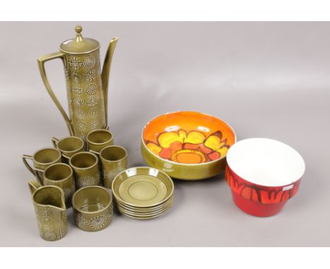 A Portmeirion Totem 6 place coffee set along with two pieces of Poole pottery. 