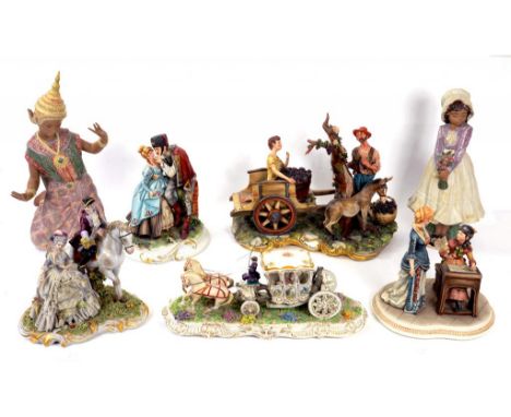 FOUR CAPO DI MONTE GROUPS, A SIMILAR COACH AND HORSES GROUP, A LLADRO FIGURE AND A SIMILAR NAO FIGURE, VARIOUS SIZES