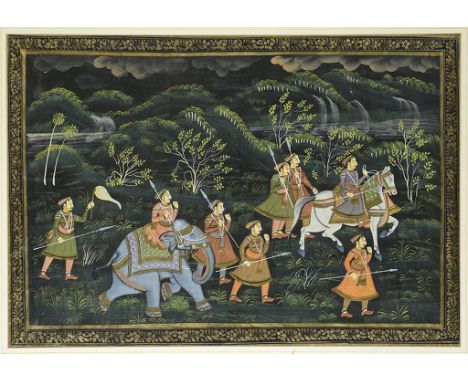 INDIAN SCHOOL A MUGHAL PRINCE HUNTING IN A FOREST gouache, 47 x 70cm  ++++