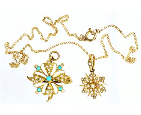 A TURQUOISE AND SPLIT PEARL PENDANT AND A SPLIT PEARL PENDANT, BOTH IN GOLD, MARKED 15CT, 6.5G GROSS