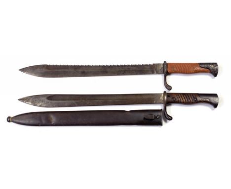 A GERMAN SAW BACKED MAUSER BAYONET AND SCABBARD, BLADE MARKED WAFFENFABRIK MAUSERAG..., CIRCA 1914-18, A/F AND ANOTHER GERMAN