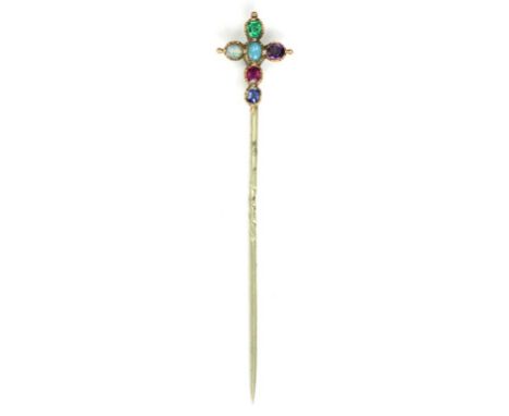 A VICTORIAN 'REGARD' TYPE GEM SET STICK PIN WITH CRUCIFORM TERMINAL, BASE METAL PIN