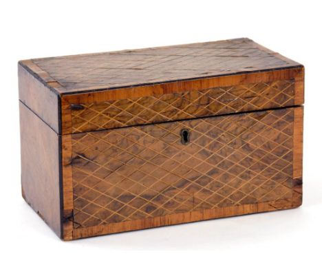 A VICTORIAN WALNUT, ROSEWOOD AND LINE INLAID TEA CADDY, 22.5CM W