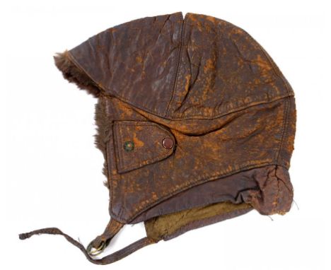 A ROYAL FLYING CORPS FUR TRIMMED LEATHER FLYING HELMET