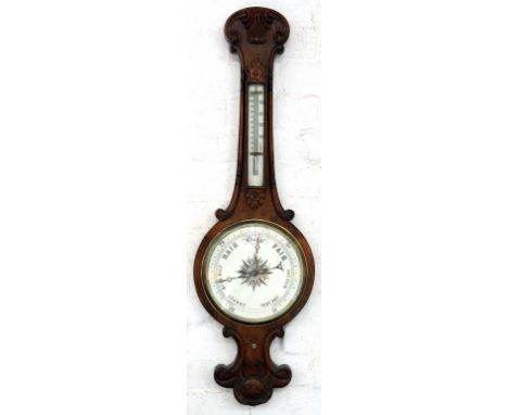 A LATE VICTORIAN CARVED WALNUT CISTERN BAROMETER, WITH MERCURY THERMOMETER, 100CM H