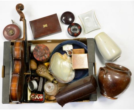 A VIOLIN, STONEWARE POT, 1930'S BROWN BAKELITE BOX AND COVER, 24.5CM L, VICTORIAN BRASS POWDER FLASK AND MISCELLANEA 