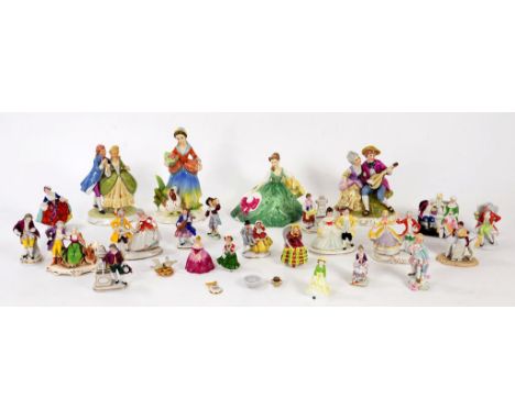 A COLLECTION OF CONTINENTAL PORCELAIN FIGURES, GROUPS AND FAIRINGS AND TWELVE CARLTON WARE, SHELLEY, GEORGE JONES AND OTHER D