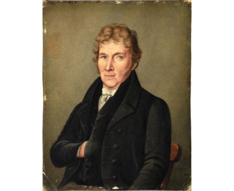 T. CHAPMAN, PORTRAIT OF A MAN, SEATED HALF LENGTH, SIGNED AND DATED 1822, WATERCOLOUR, 26CM X 20CM, MAHOGANY FRAME