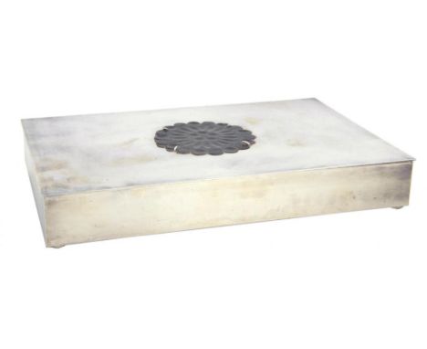 A CHRISTIAN DIOR EPNS CIGARETTE BOX, THE LID INSET WITH A CARVED AGATE ROUNDEL, CEDAR LINED, 23CM W, MARKED CHRISTIAN DIOR, M