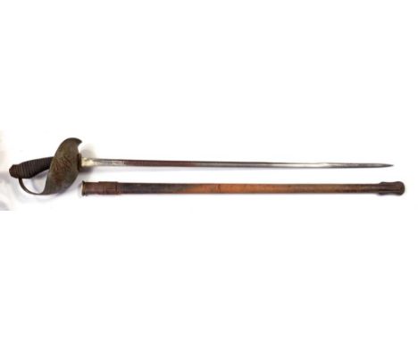 A BRITISH 1908 PATTERN CAVALRY TROOPER'S SWORD AND LEATHER COVERED SERVICE SCABBARD, THE ETCHED BLADE INSCRIBED MALLOY, BY HE