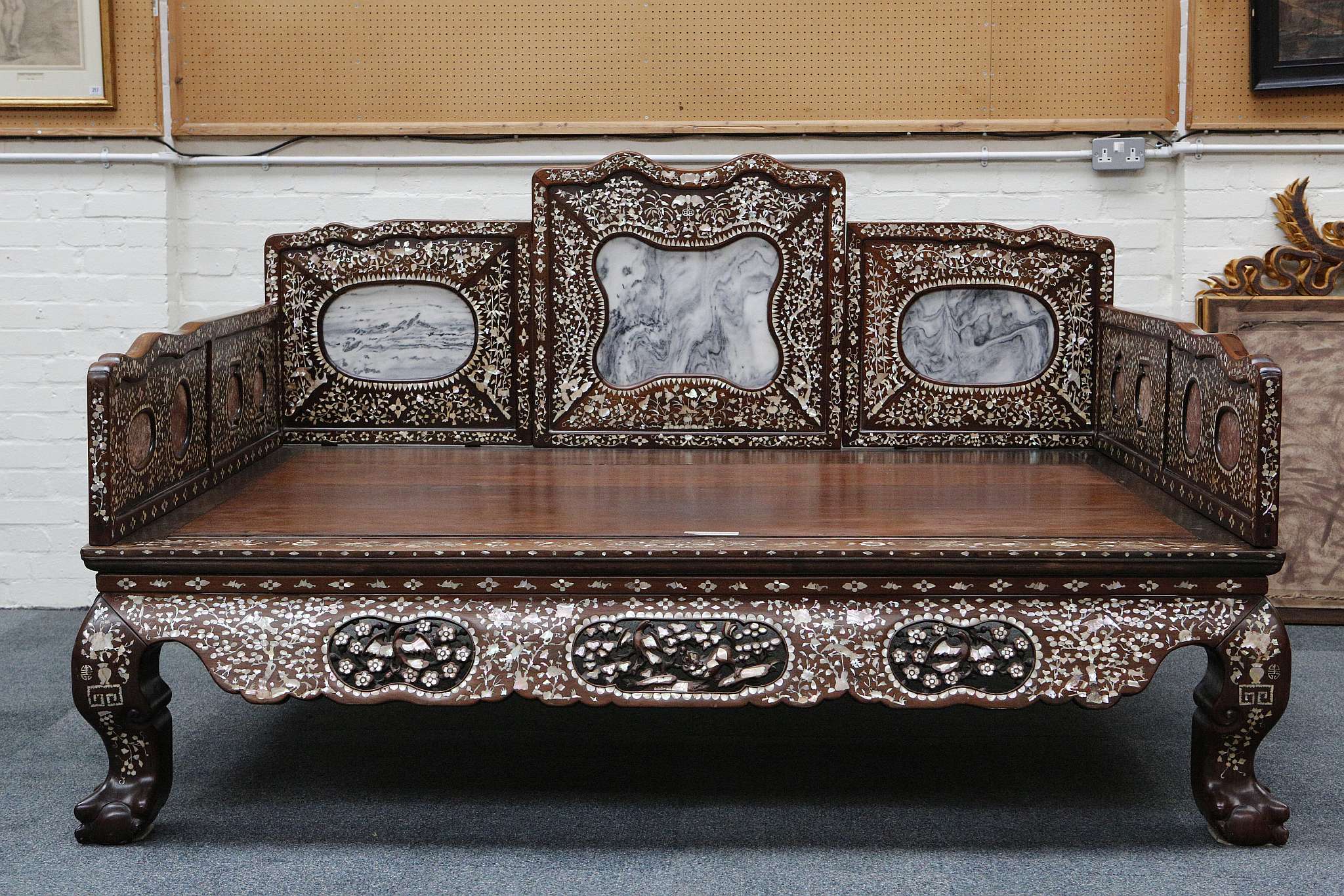 A CHINESE HARDWOOD MOTHER OF PEARL AND MARBLE INLAID DAYBED, LUOHAN ...