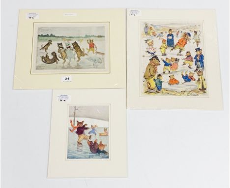 THREE ANIMAL RELATED ICE SKATING PRINTS : 1899 'OH, THE DELIGHTS OF WINTER', FROM DRAWING BY LOUIS WAIN, MOUNT SIZE: 40CMS X 