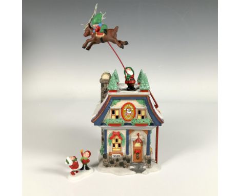 Hand painted porcelain set featuring Santa's Reindeer Rides, decorated with festive wreaths, a snowy roof, and a Tickets boot