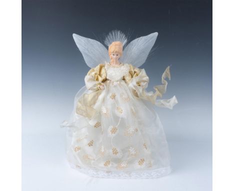 Lovely angel in white and gold brocade dress with gilt and cream ribbon shawl. Fiber optic filaments lights when plugged in. 