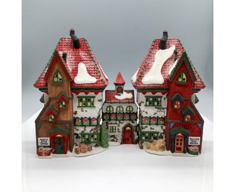 Hand painted porcelain set of 3 figurines, titled North Pole Dolls and Santa's Bear Works from the Heritage Village Collectio