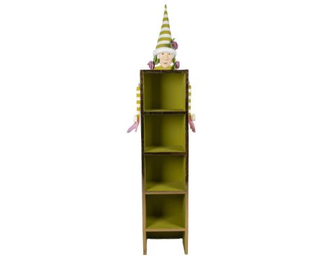 Truly unique piece for any home with Ella bust sitting atop a 4-shelf display cabinet colored in lime green with gold toned e