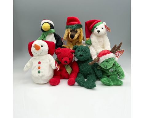 Adorable figurine collection of winter ready animals that includes a red bear with a green ribbon, a green bear with a velvet