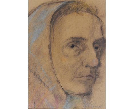 Artist Unknown, a chalk study, A head portrait of a pensive elderly lady, signed indistinctly to the lower right, displayed w