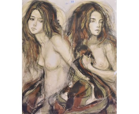 After Sheldon Schoneberg (b.1926, American), a coloured print, A portrait of two female nudes, framed and under glass, 67cm x
