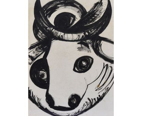 Artist Unknown, in the style of Pablo Picasso (1881-1973), a pen and wash, An abstract interpretation of a bull, displayed in