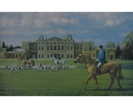 After Neil Cawthorne (1936-2022), a coloured print, 'The Duke of Beaufort, the Beaufort Hunt moving off at Badminton House', 