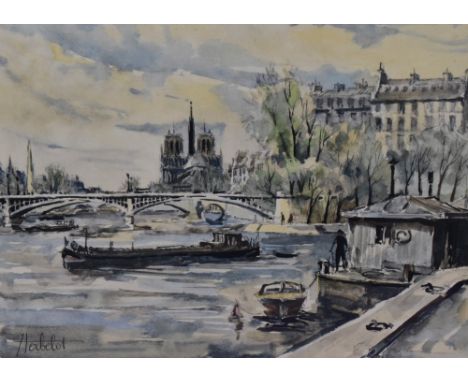After Franz Herbelot (20th Century, French), a coloured print, A Parisian scene with the Pont de la Tournelle and Notre Dame,