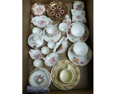 A box of Nano Royal Crown Derby, cups and saucers, together with Royal Doulton mannequins