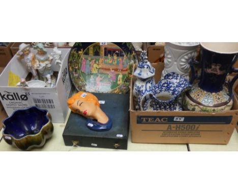 A selection of figurines, ink stand, brass dish and ink pot, three vases, jug and urn, a Wardle planter, cased coffee service