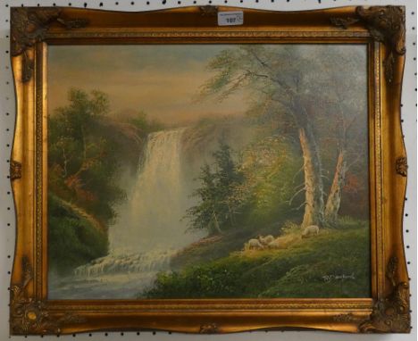 Oil 'Sheep by Waterfall' by R Danford together with three others (4)