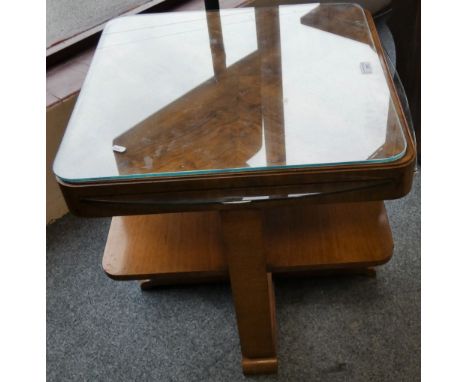 Art Deco period walnut two tier coffee table fitted with four glass slides and undertier, labelled underneath 'WR', 68 cm x 6