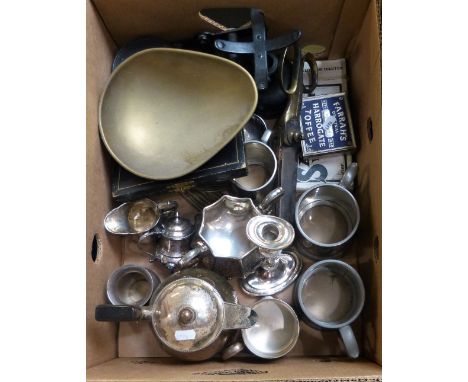 A box of plate and pewter ware including a pair of scales, a large pair of scissors, a cased set of fruit knives etc.