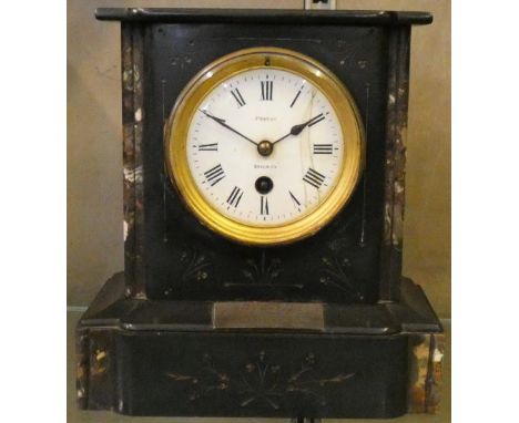 A slate and marble mantle clock, the face marked 'Pexton of Beverley', with presentation plaque from Beverley District Lodge 