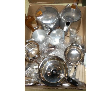 A Picquot ware four piece tea service together with three piece plated tea service and a quantity of loose cutlery