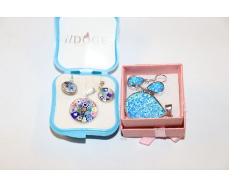 Two sterling silver mounted pendant and ear-ring suites including millefiori; mosaic opal etc