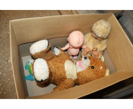 A box containing vintage Eastern European Teddy bear with working growler; a Cheekaaboo monkey and a Steiff goldfish