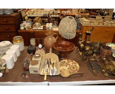 A quantity of various wooden items to include pedestal bowl, column table lamp, trinket box, Studio pottery vase, storage jar