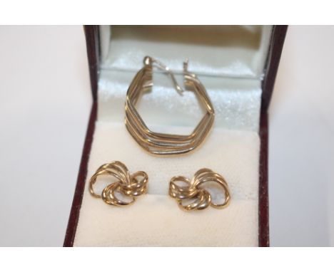 A pair of 9ct gold ear-rings, approx. 2gms and a single 9ct gold ear-ring, approx. 1.6gms